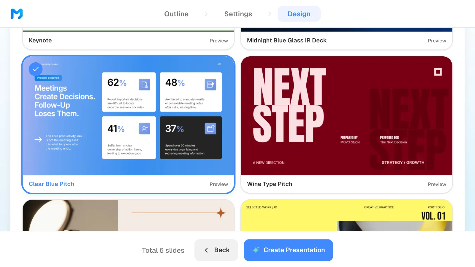 The design step narrowed to 'Presentation / Pitch', with the 'Clear Blue Pitch' style selected. MOVO's design step with the Presentation / Pitch type and the Clear Blue Pitch style selected