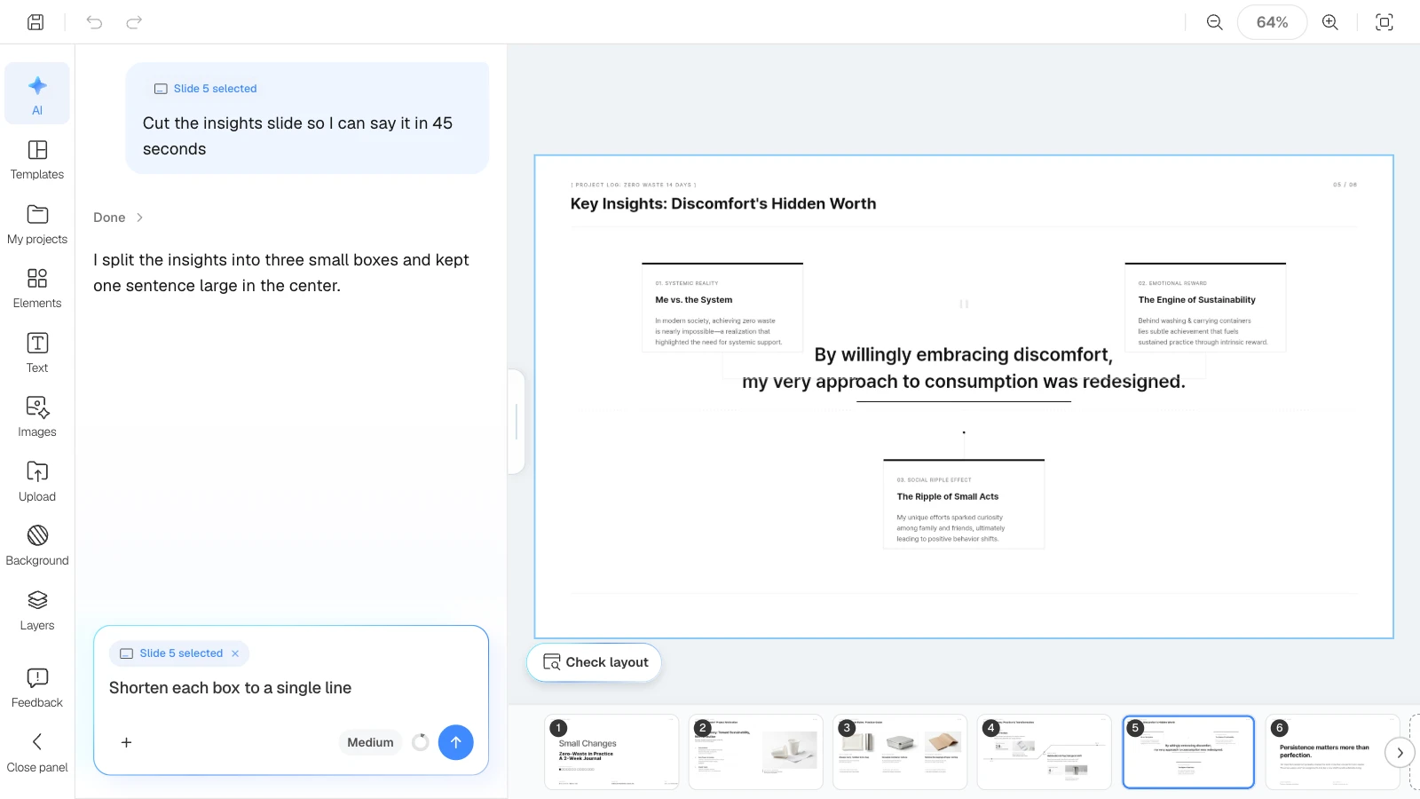 When a slide is selected, the AI request applies to that slide only. MOVO's editor with the insights slide selected and a request to shorten each box to one line