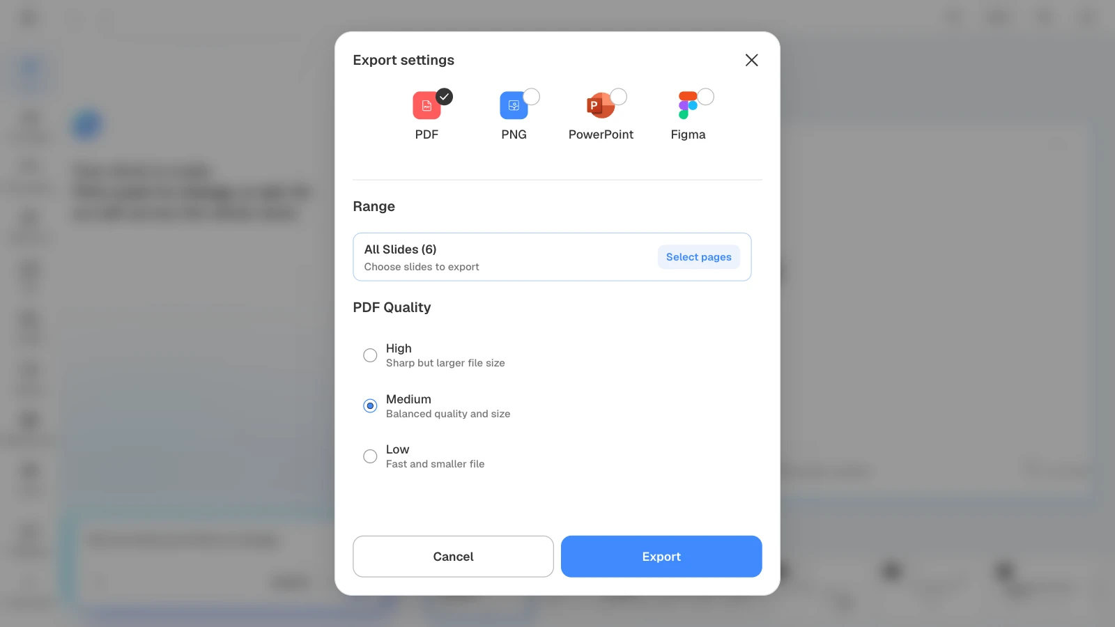 PDF export lets you choose the quality, and 'Select pages' exports only some slides. MOVO's export settings with PDF and all six slides selected