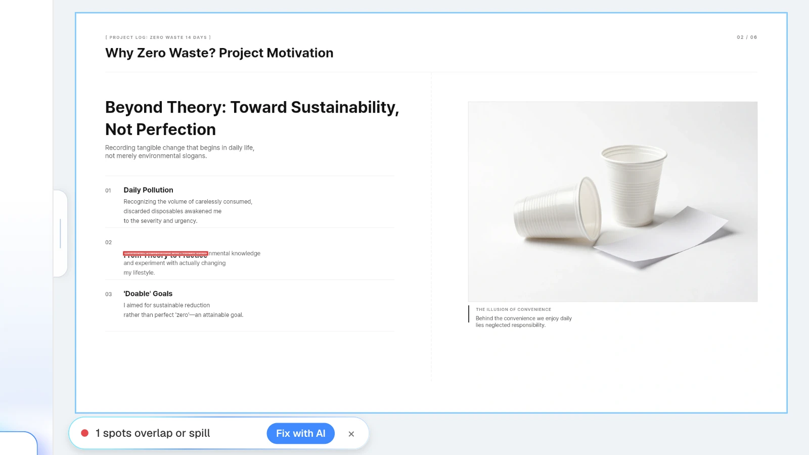 For this example, we moved the 'From Theory to Practice' text box onto the line below it, then ran Check layout. MOVO's Check layout result finding one overlapping text box on a motivation slide