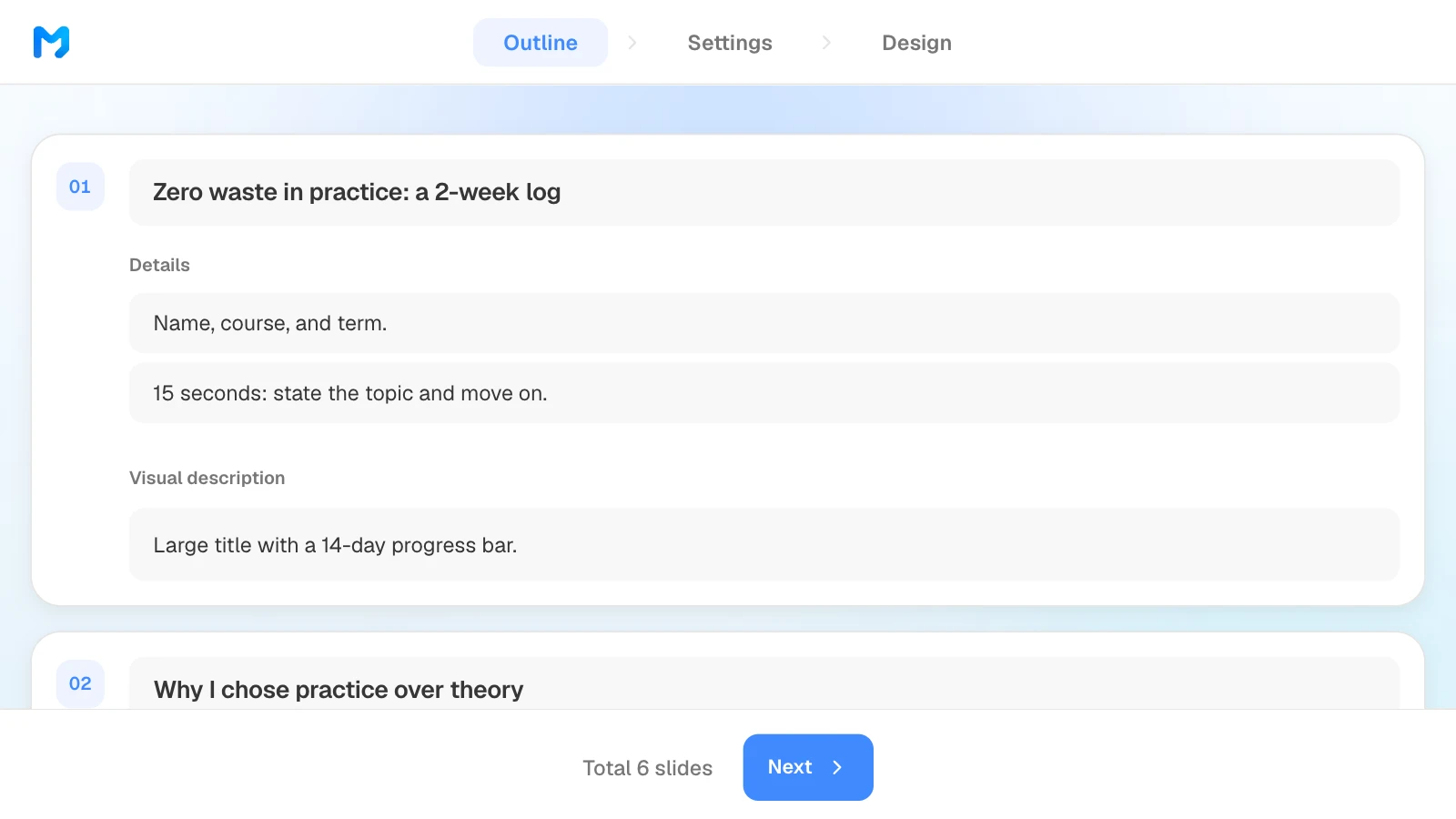 In the outline step, you can edit each slide's title, details, and visual description. MOVO's outline step with the speaking time noted in a slide's details