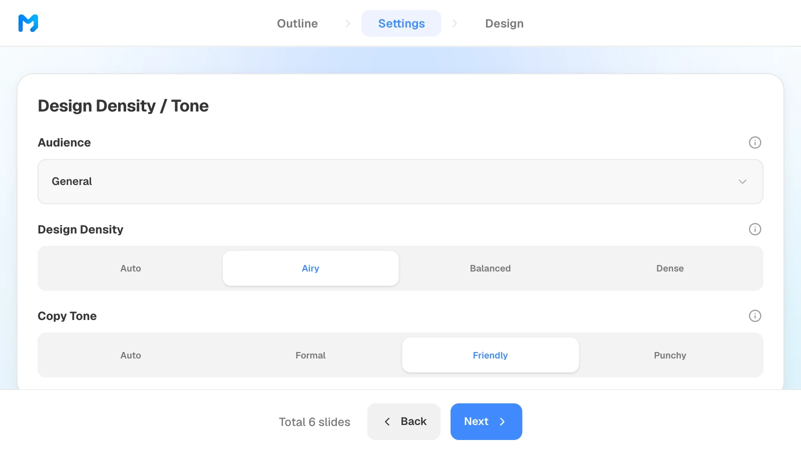 The audience options are General, Executive, Technical, Student/Education, Investor, and Client. MOVO's settings step with audience General, design density Airy, and copy tone Friendly