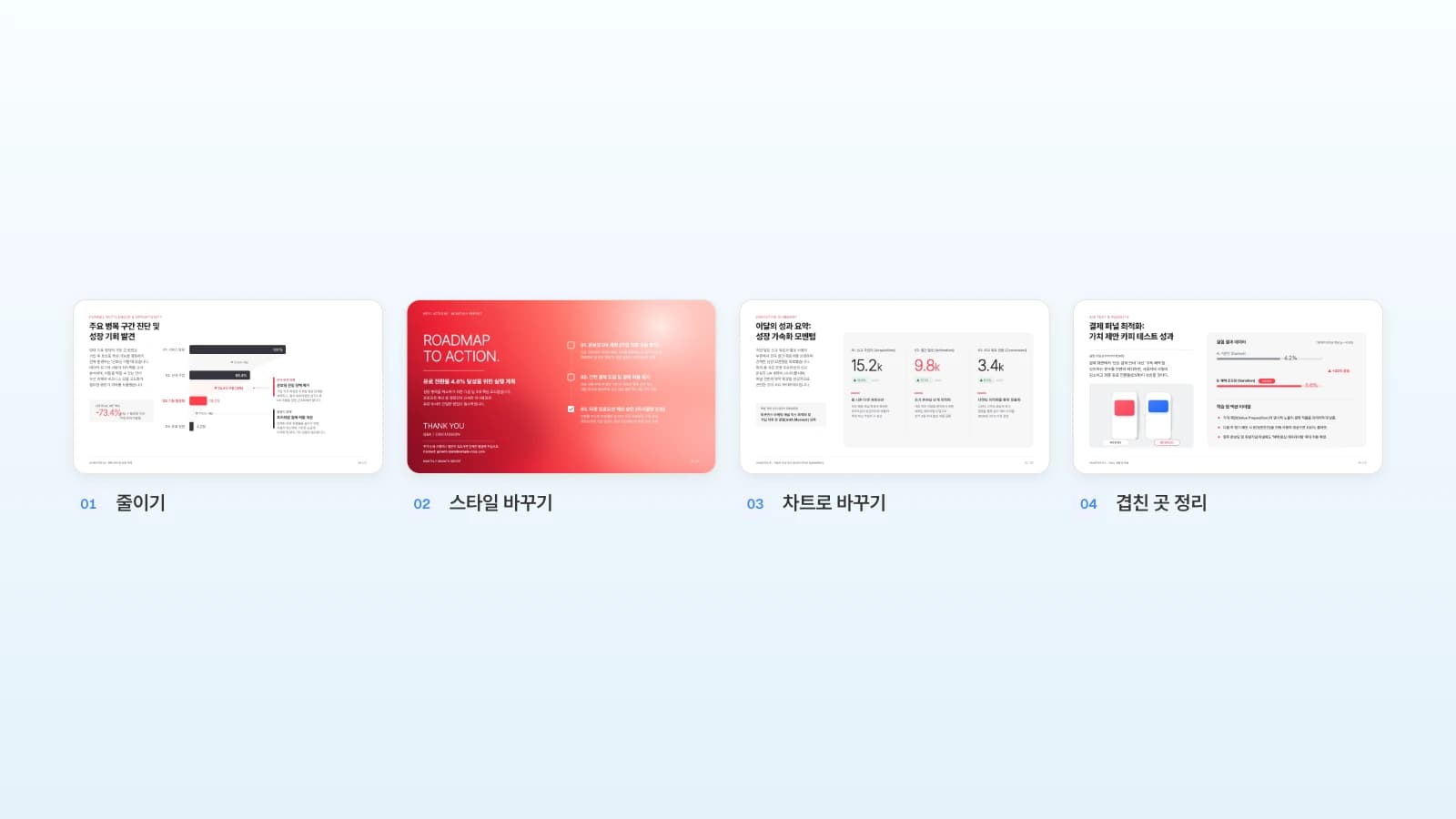요청 예시가 겨냥하는 MOVO 템플릿 '월간 그로스 KPI 보고서'의 네 장입니다. 고치기 전 슬라이드이며, 템플릿 속 수치는 가상 예시입니다. 줄이기·스타일 바꾸기·차트로 바꾸기·겹친 곳 정리 이름을 붙인 월간 그로스 KPI 보고서 템플릿 네 장
