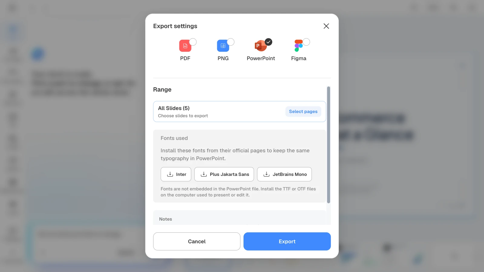 Choosing PowerPoint lists the fonts the deck uses, with install instructions. MOVO's export settings with PowerPoint selected and the deck's fonts Inter, Plus Jakarta Sans, and JetBrains Mono listed