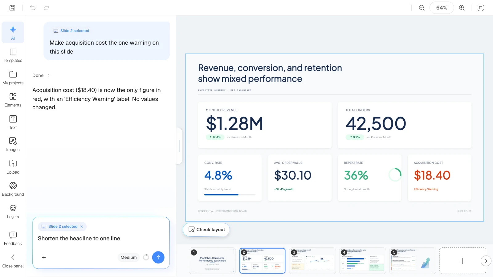 A follow-up written under the previous reply. The requests and reply shown are illustrative. MOVO's AI panel after an edit to the KPI slide, with a follow-up request to shorten the headline