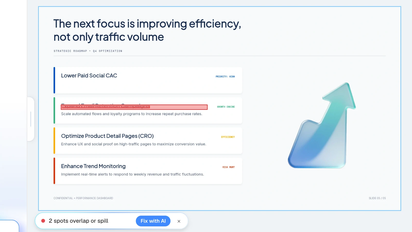 For this example, we moved the first action's description down onto the next action's title, then ran Check layout. MOVO's Check layout finding two overlapping spots on an action-plan slide