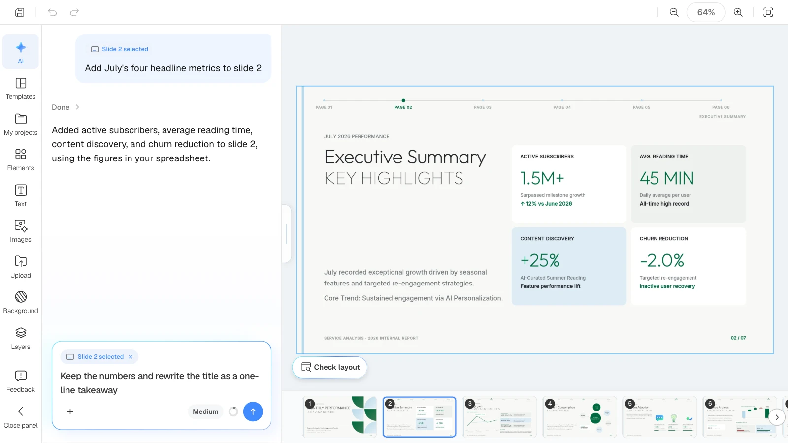 When a slide is selected, the AI request applies to that slide only. MOVO's editor with the executive summary slide selected and a title edit requested in the AI panel