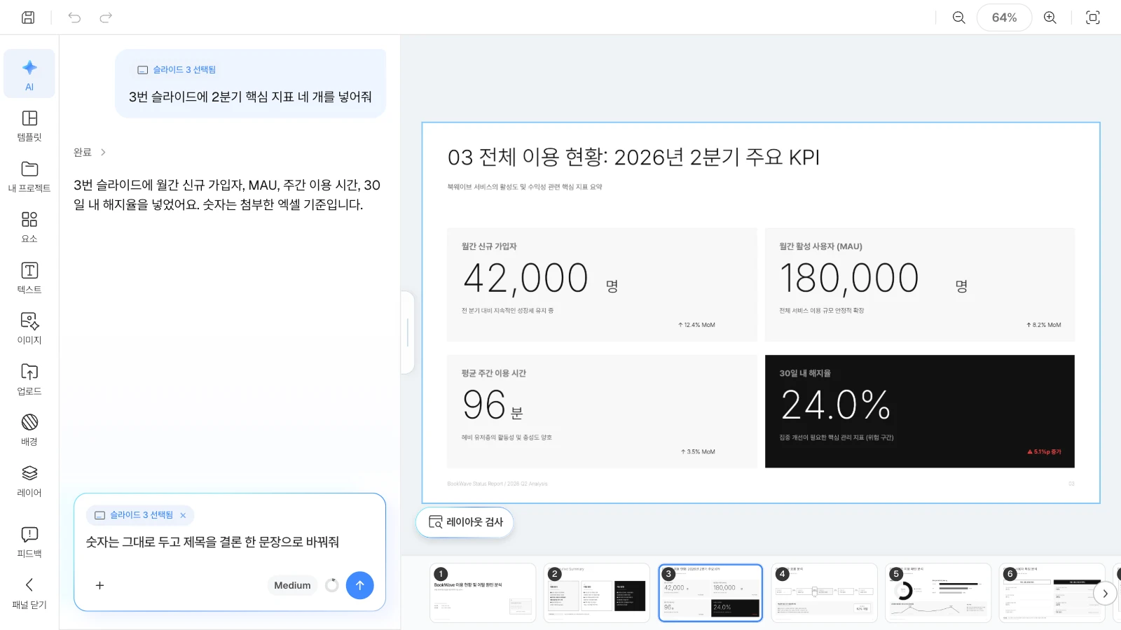 슬라이드를 고르면 AI 요청이 그 슬라이드에만 적용됩니다. 주요 KPI 슬라이드를 고르고 AI 패널에 제목 수정을 요청하는 MOVO 에디터