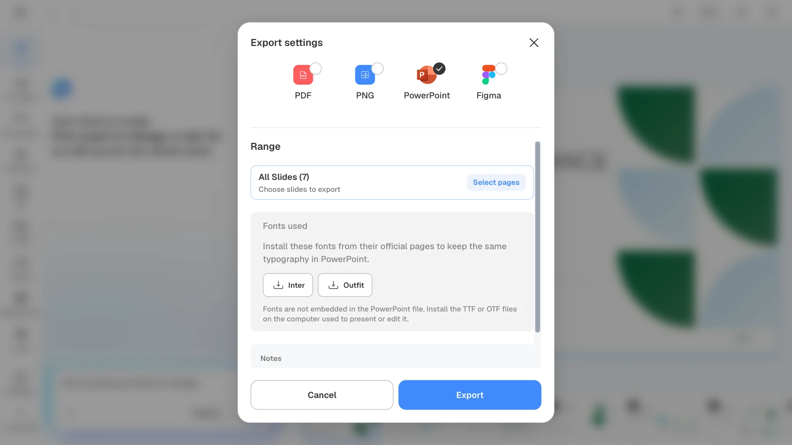 Choosing PowerPoint shows the fonts the deck uses (Inter, Outfit) with install instructions. MOVO's export settings with PowerPoint and all seven slides selected