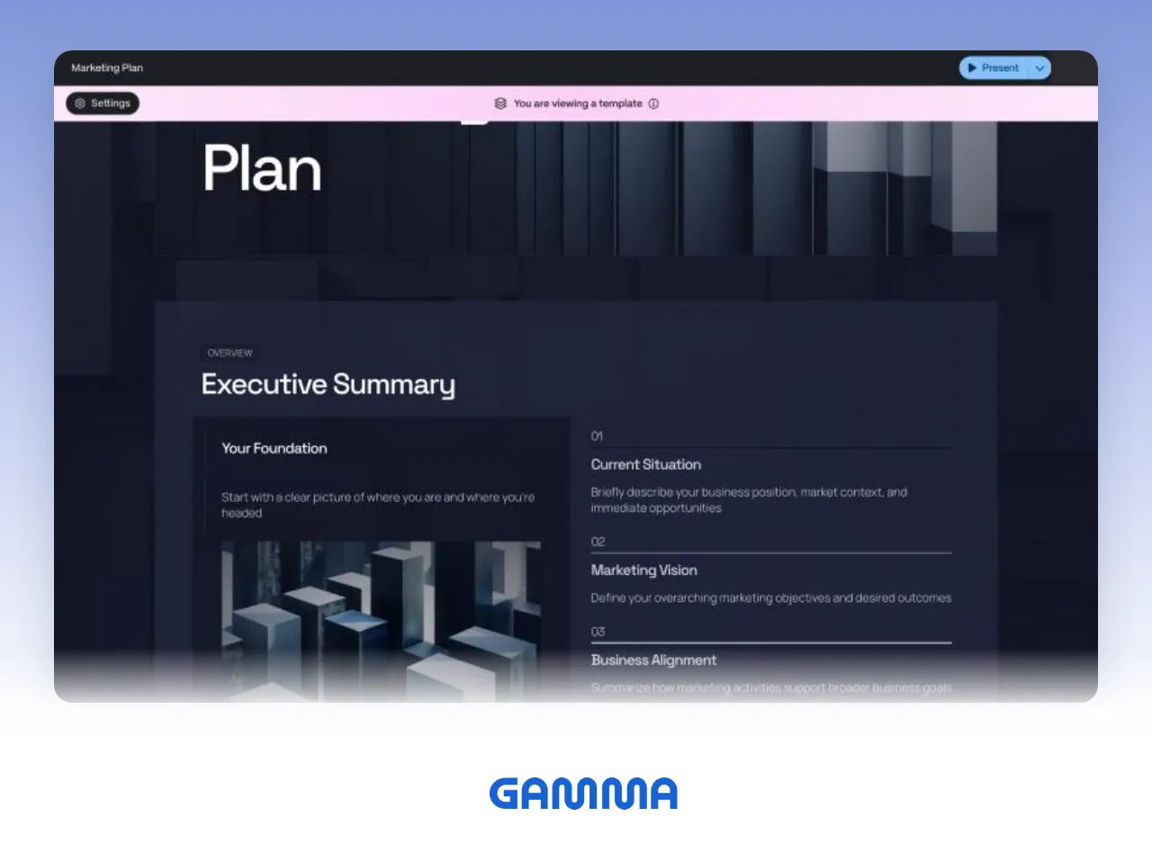 Gamma with its public 'Marketing Plan' template open (as of September 2026). Gamma's viewer with its public Marketing Plan template open, above the Gamma logo
