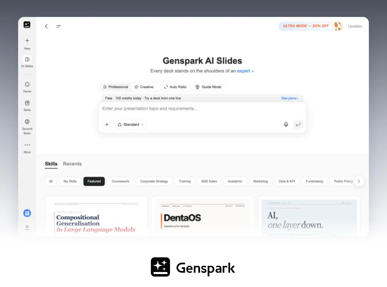 Genspark's AI Slides start screen (as of September 2026). The decks below are Genspark's featured examples. Genspark's AI Slides screen, above the Genspark logo