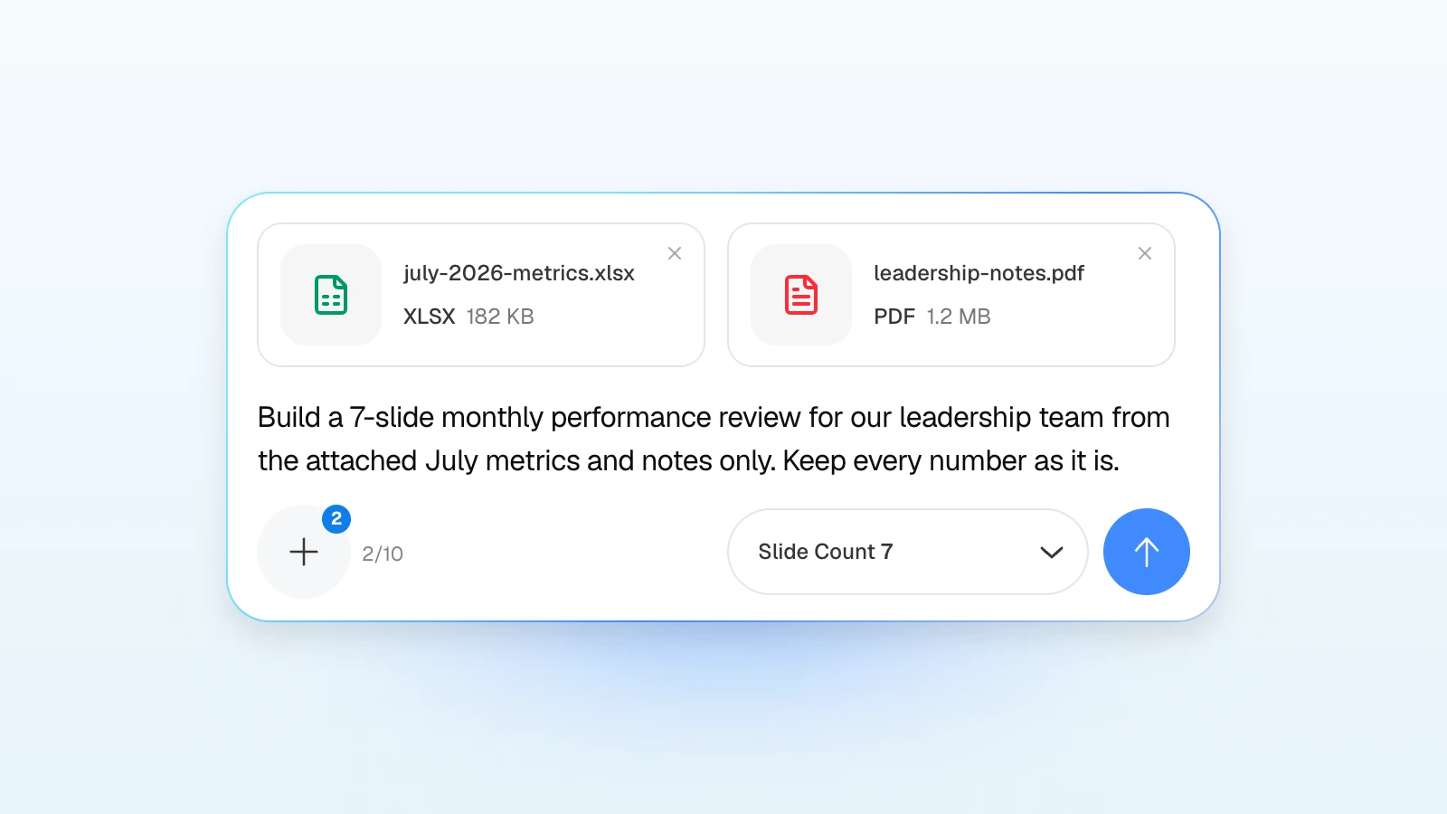 You can add rules to the request, such as keeping every number as it is. MOVO's input with a July metrics spreadsheet and leadership notes attached, asking for a monthly performance review