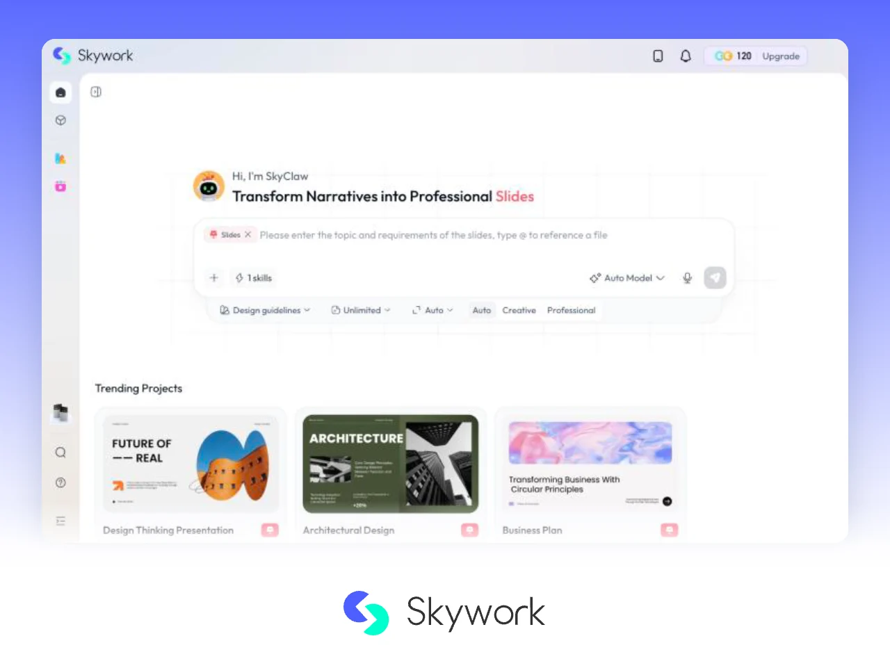 Skywork's start screen with the Slides skill on (as of September 2026). The decks below are Skywork's trending project examples. Skywork's Slides screen, above the Skywork logo