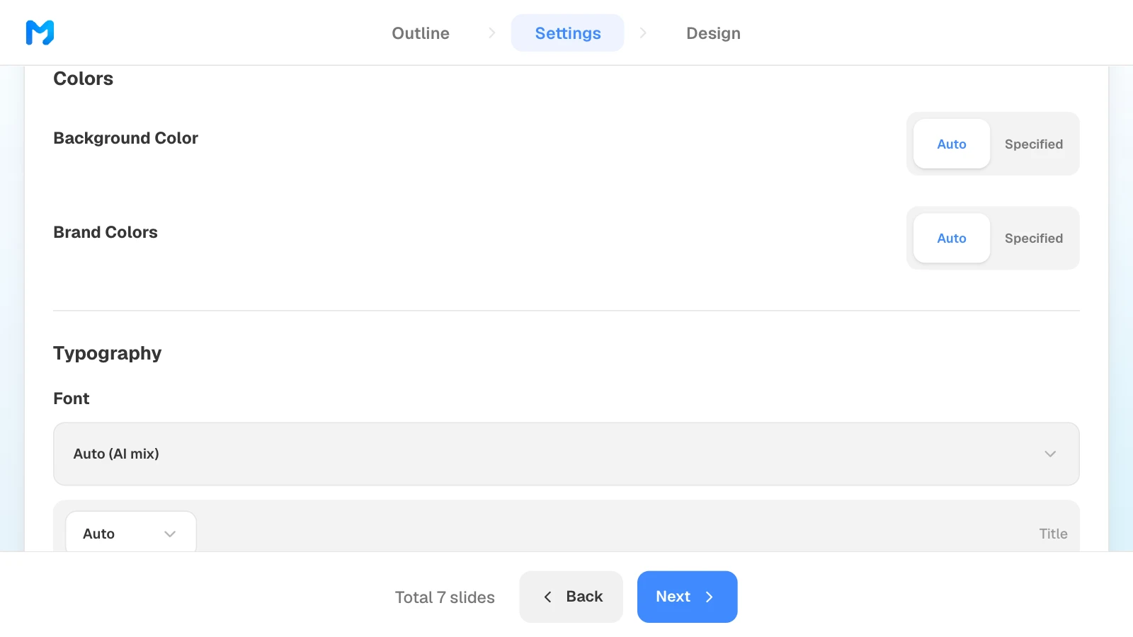 The Colors / Typography panel in settings. Choosing 'Specified' lets you set the background and brand colors (primary, secondary, accent). MOVO's Colors / Typography settings with Background Color, Brand Colors, and Font