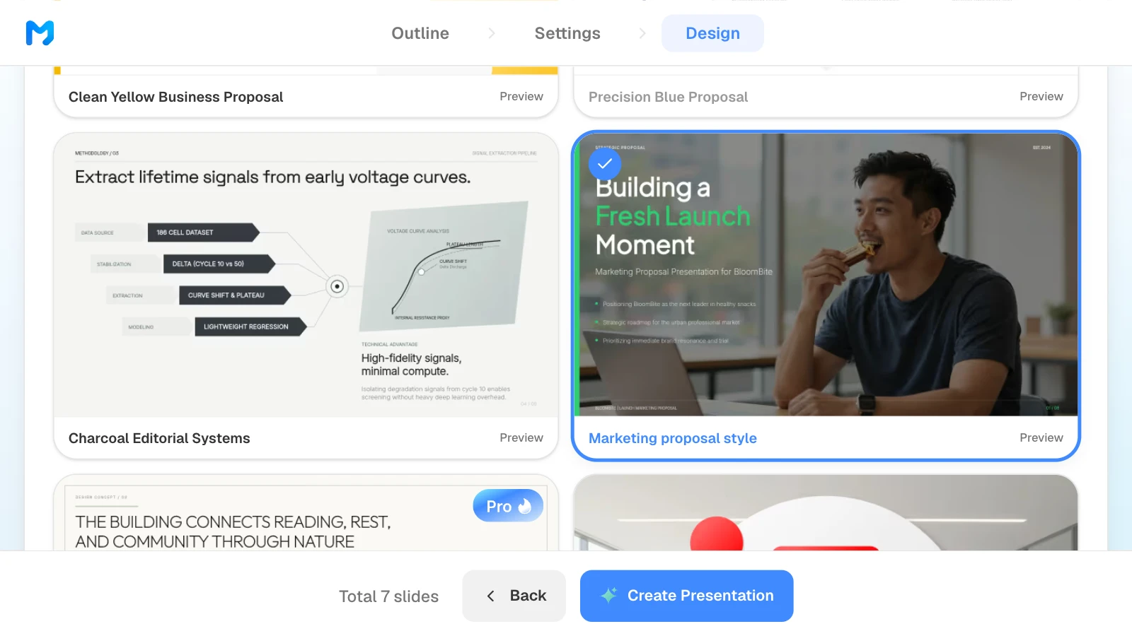 The design step narrowed to 'Proposal / Persuasion', with the 'Marketing proposal style' selected. MOVO's design step with the Proposal / Persuasion type and the Marketing proposal style selected