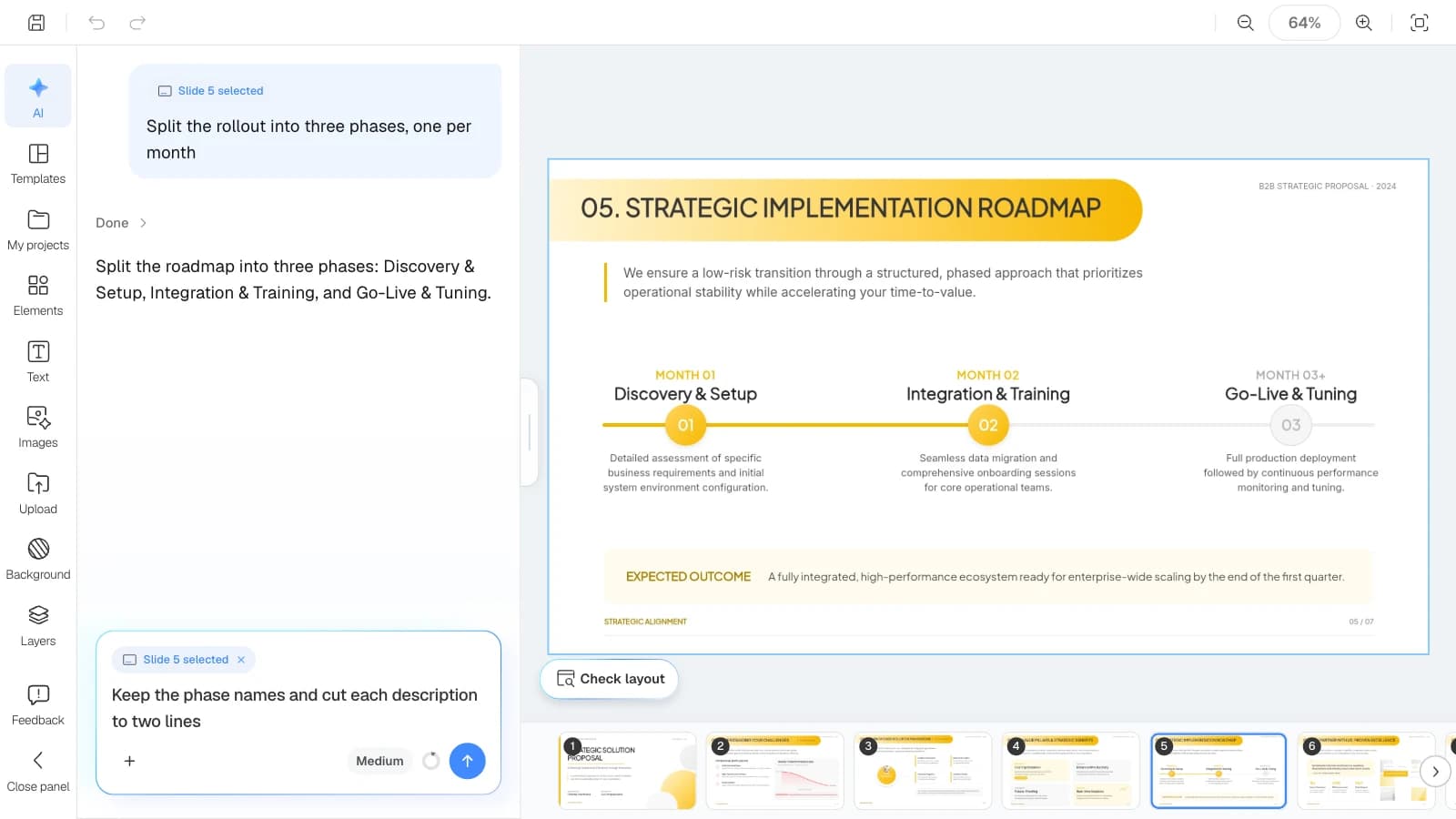 When a slide is selected, the AI request applies to that slide only. MOVO's editor with the roadmap slide selected and a description edit requested in the AI panel