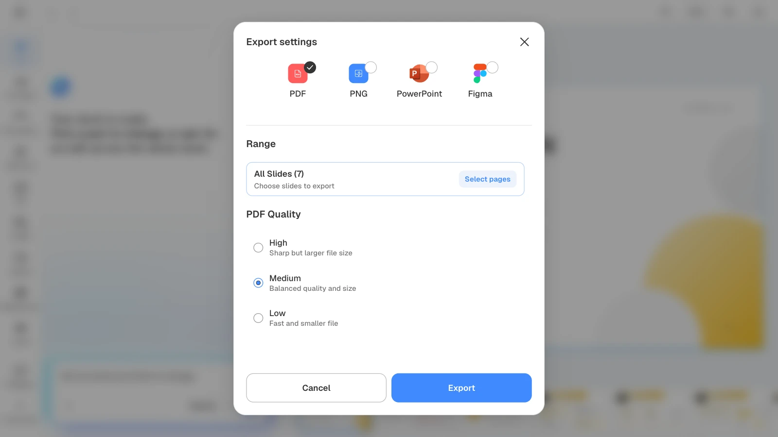 Choosing PDF lets you set the range and the PDF quality: High, Medium, or Low. MOVO's export settings with PDF, all seven slides, and Medium quality selected