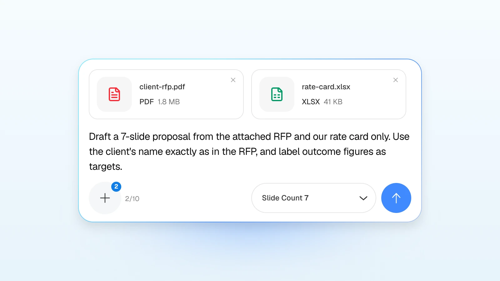 You can add rules to the request, such as using the client's name exactly as in the RFP. MOVO's input with an RFP PDF and a rate card attached, asking for a 7-slide proposal