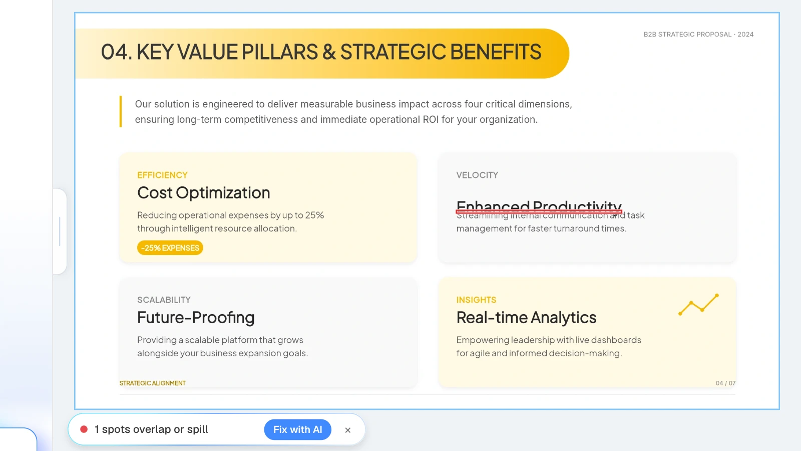 For this example, we moved the 'Enhanced Productivity' text box onto the paragraph below it, then ran Check layout. MOVO's Check layout result finding one overlapping text box on a value pillars slide