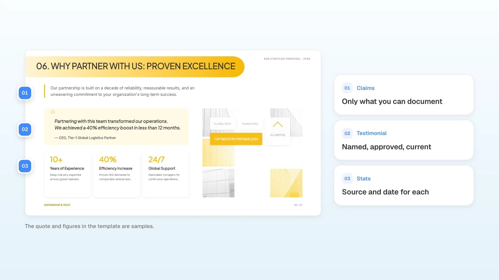 The 'why us' slide of a MOVO proposal template, marked with what to verify. The quote and figures in the template are samples. A 'why us' slide with its claims, testimonial, and stats marked for checking