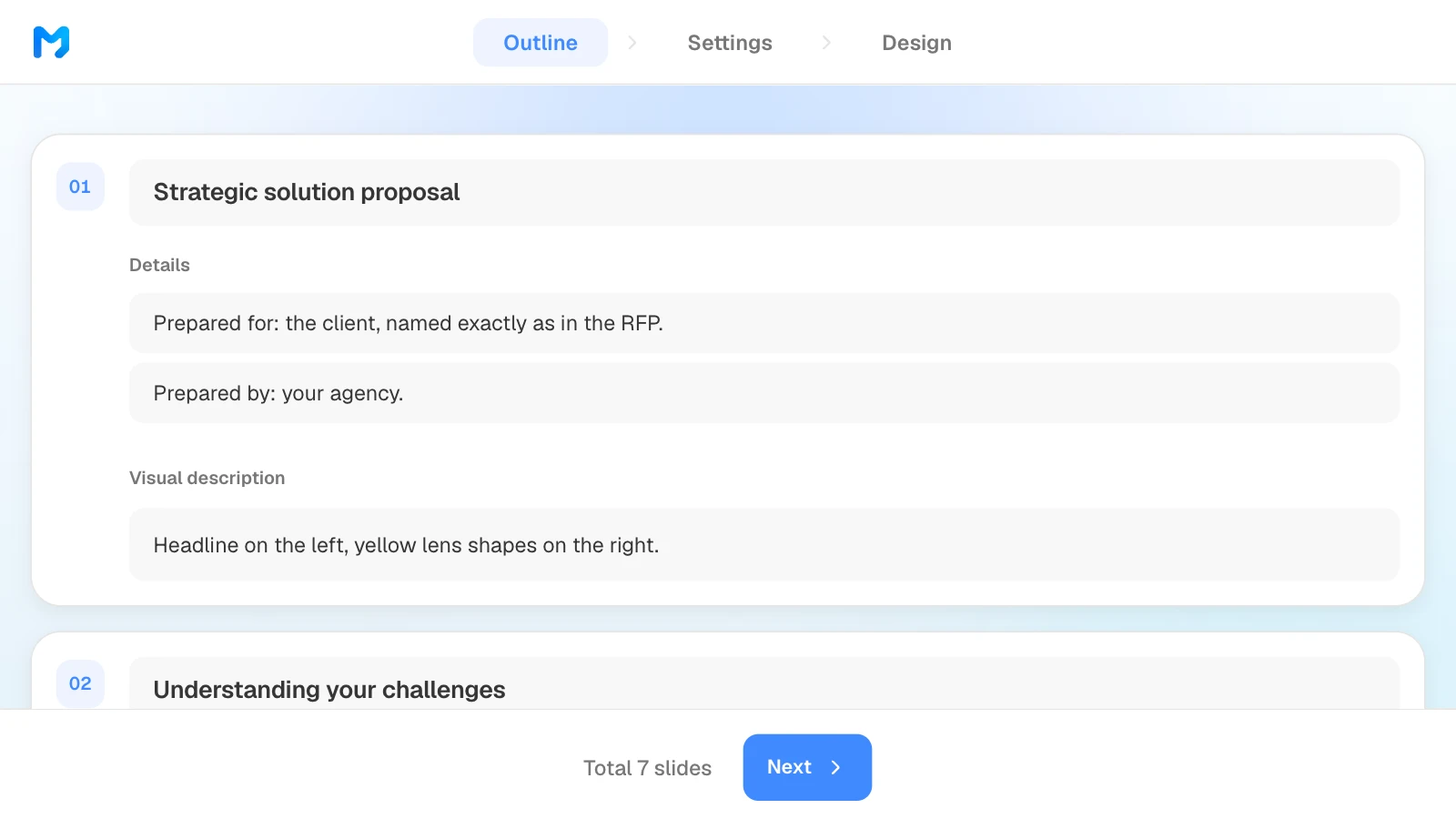In the outline step, you can edit each slide's title, details, and visual description. MOVO's outline step showing slide titles and details for a B2B proposal
