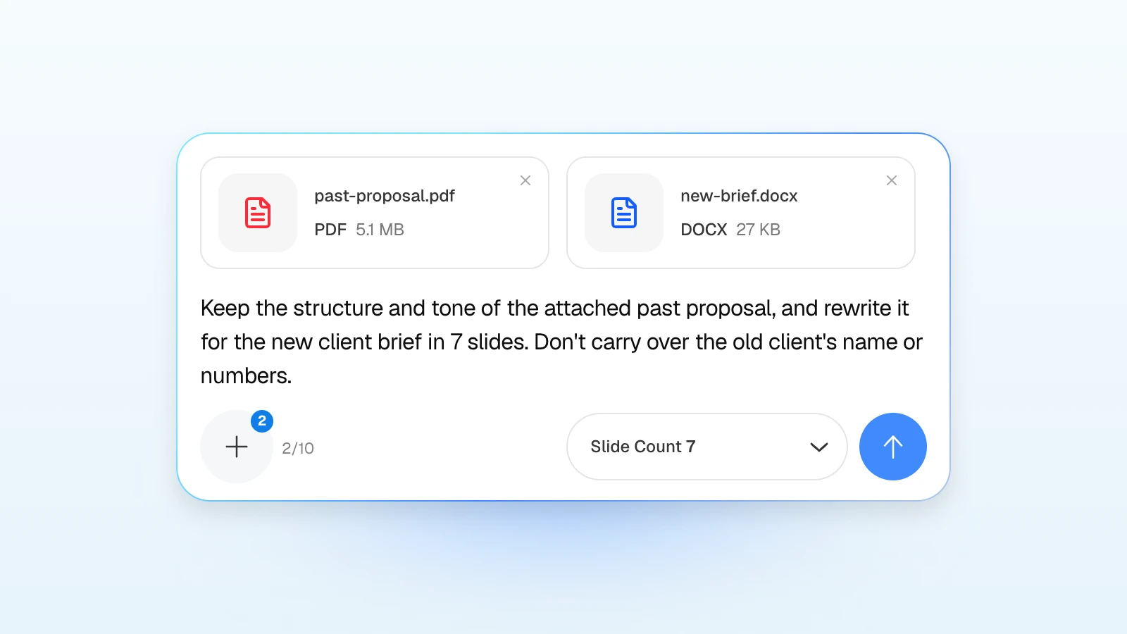 An example with the past proposal attached as a PDF and the new brief as a Word file. MOVO's input with a past proposal PDF and a new client brief attached, asking for a 7-slide rewrite