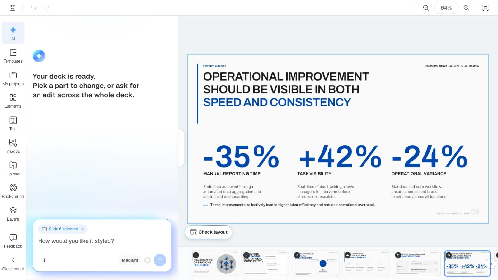The original slide before any text box was moved. Check layout sits at the bottom left of the canvas. The MOVO editor with the Check layout button at the bottom left of the canvas and the original outcomes slide with no overlaps