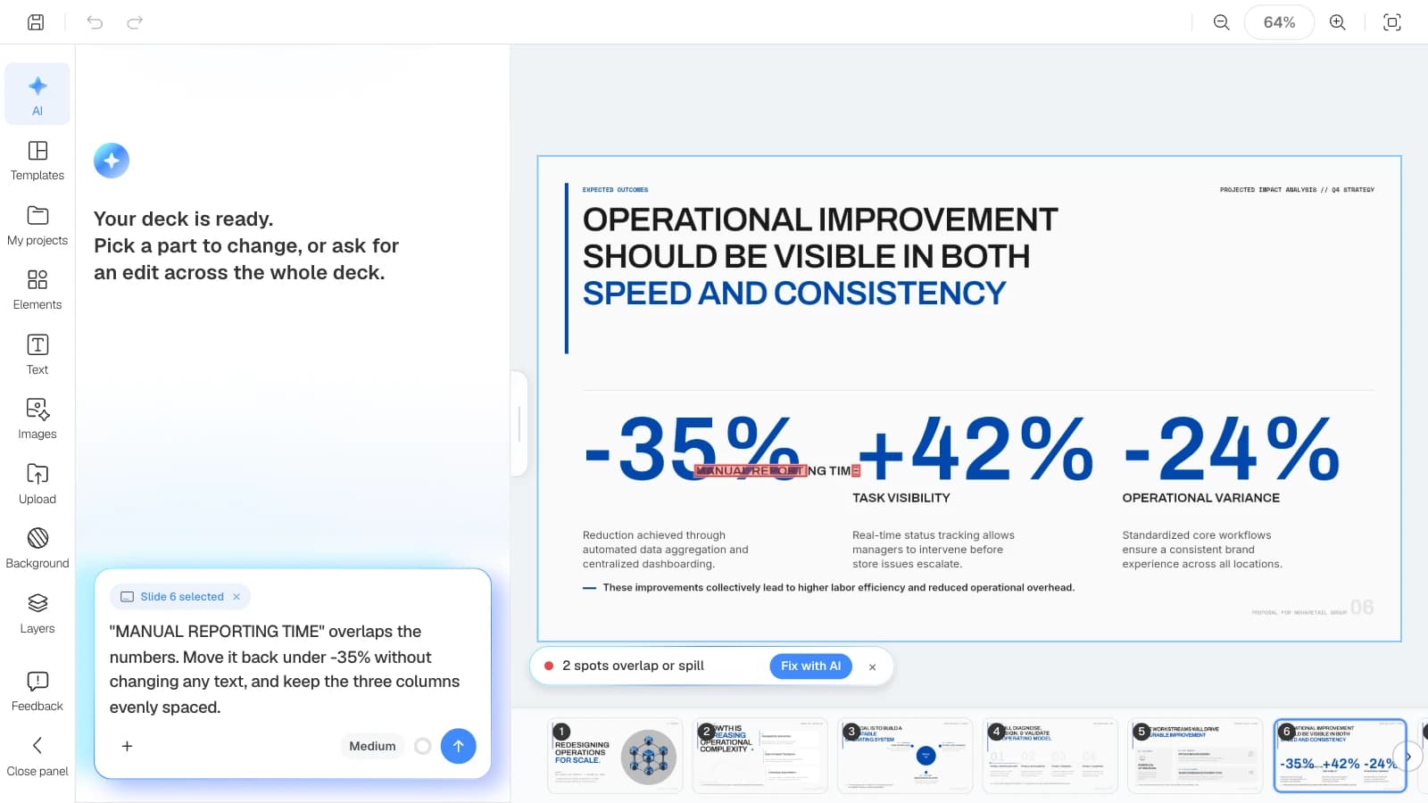 Instead of Fix with AI, a request that states what must stay the same. The MOVO editor with the Check layout result showing and a request to fix the label's position without changing any text