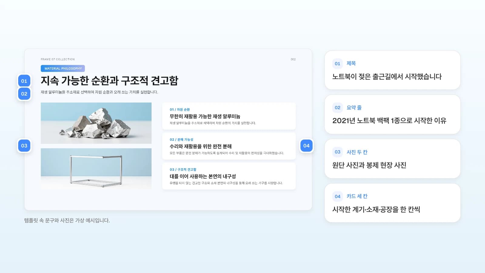 MOVO 템플릿의 소재 철학 장에서 제목, 요약 줄, 사진, 카드 자리에 번호를 달고 가방 브랜드라면 넣을 내용을 옆에 적었습니다. 템플릿 속 문구와 사진은 가상 예시입니다. 소재 철학 슬라이드의 제목·요약 줄·사진 두 칸·카드 세 칸에 번호를 달고 가방 브랜드 스토리로 바꿀 내용을 옆에 정리한 그림