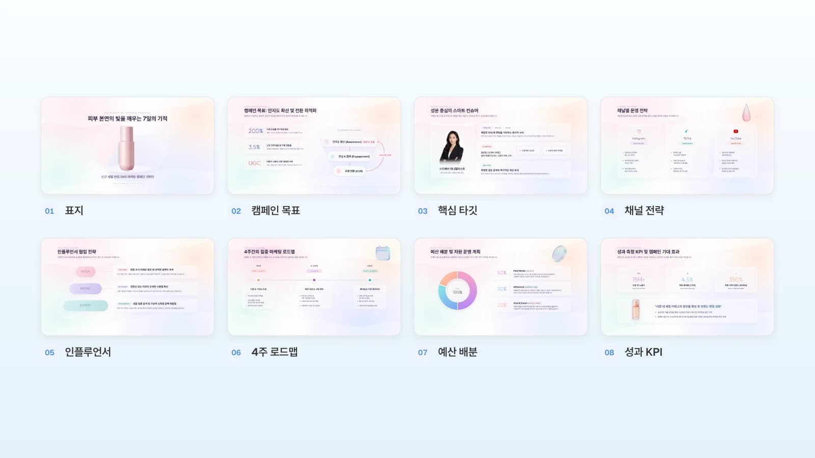 표지부터 성과 KPI까지 번호를 붙인 MOVO SNS 런칭 캠페인 기획안 템플릿 8장