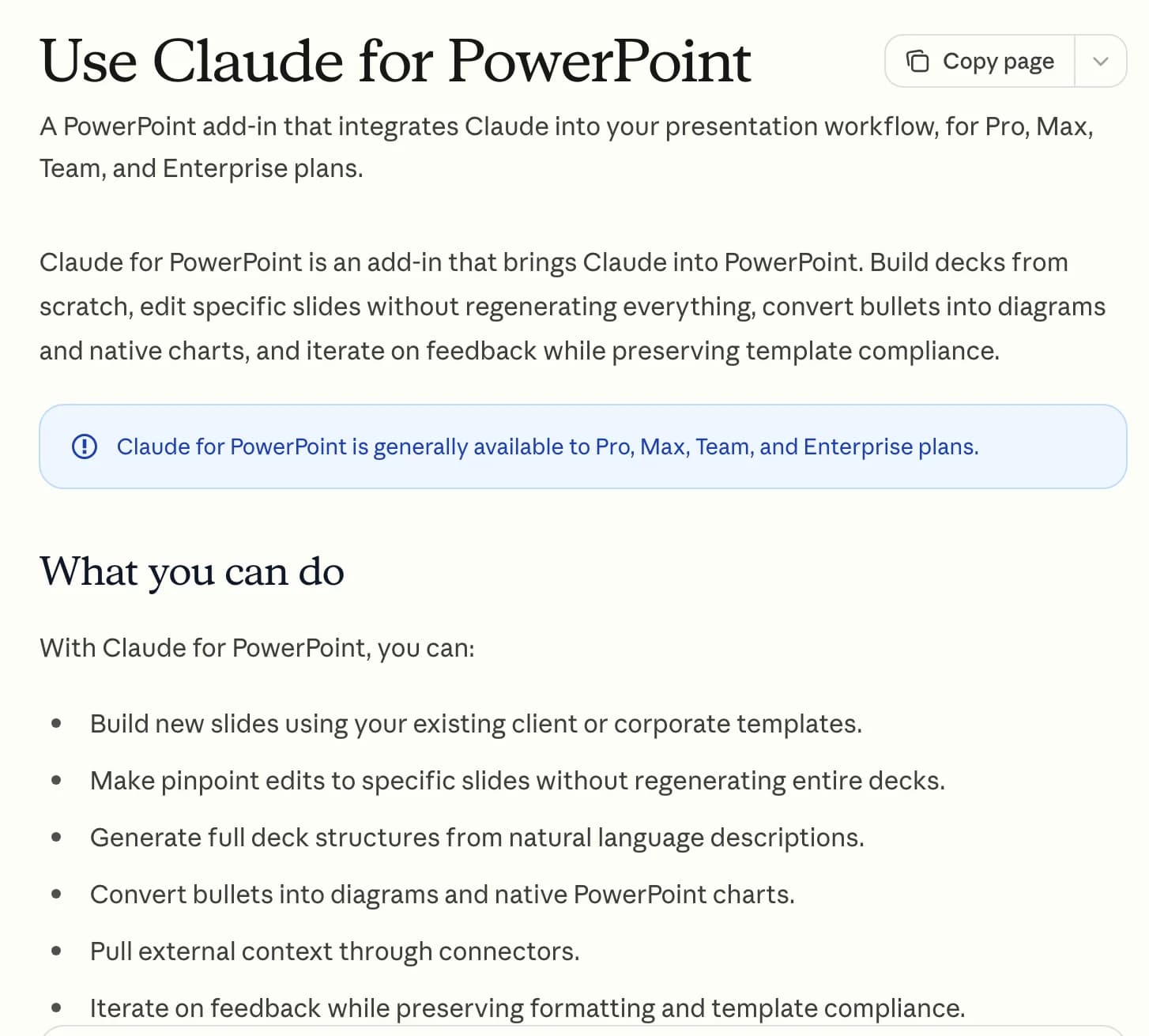 Claude for PowerPoint 공식 문서입니다(2026년 10월 14일 확인). Claude for PowerPoint가 Pro·Max·Team·Enterprise 플랜에 제공된다고 적힌 클로드 공식 문서