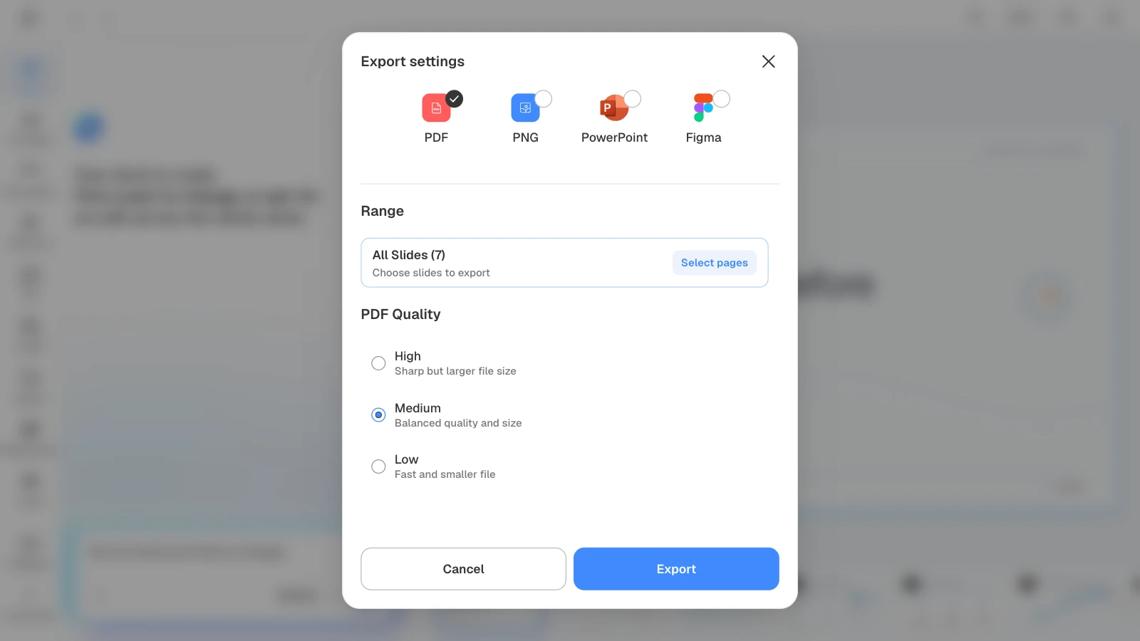Choosing PDF lets you pick High, Medium, or Low quality. MOVO's export settings with PDF, all seven slides, and Medium quality selected