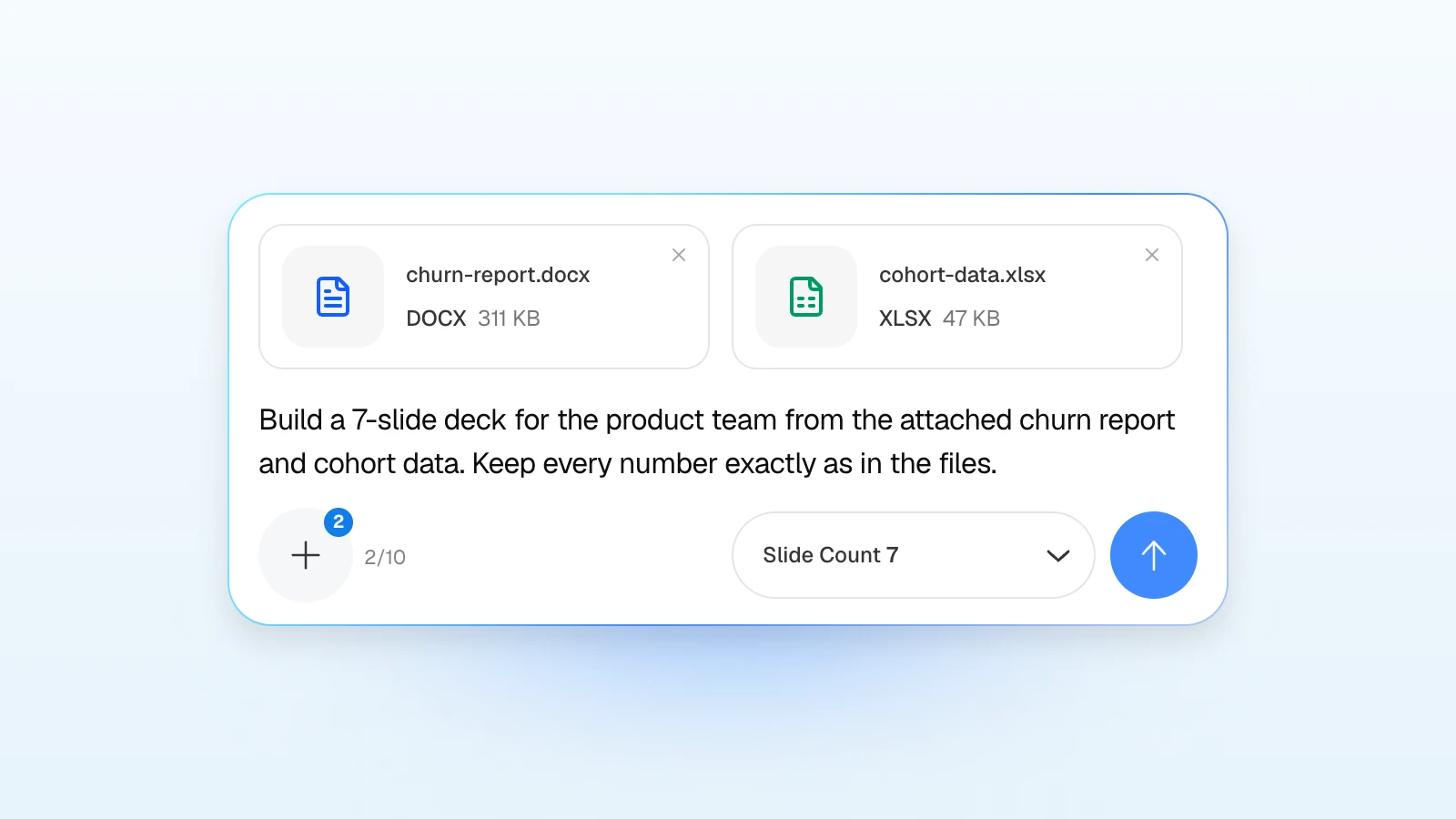 You can add rules to the request, such as keeping every number exactly as in the files. MOVO's input with a churn report and cohort data attached, asking for a seven-slide deck