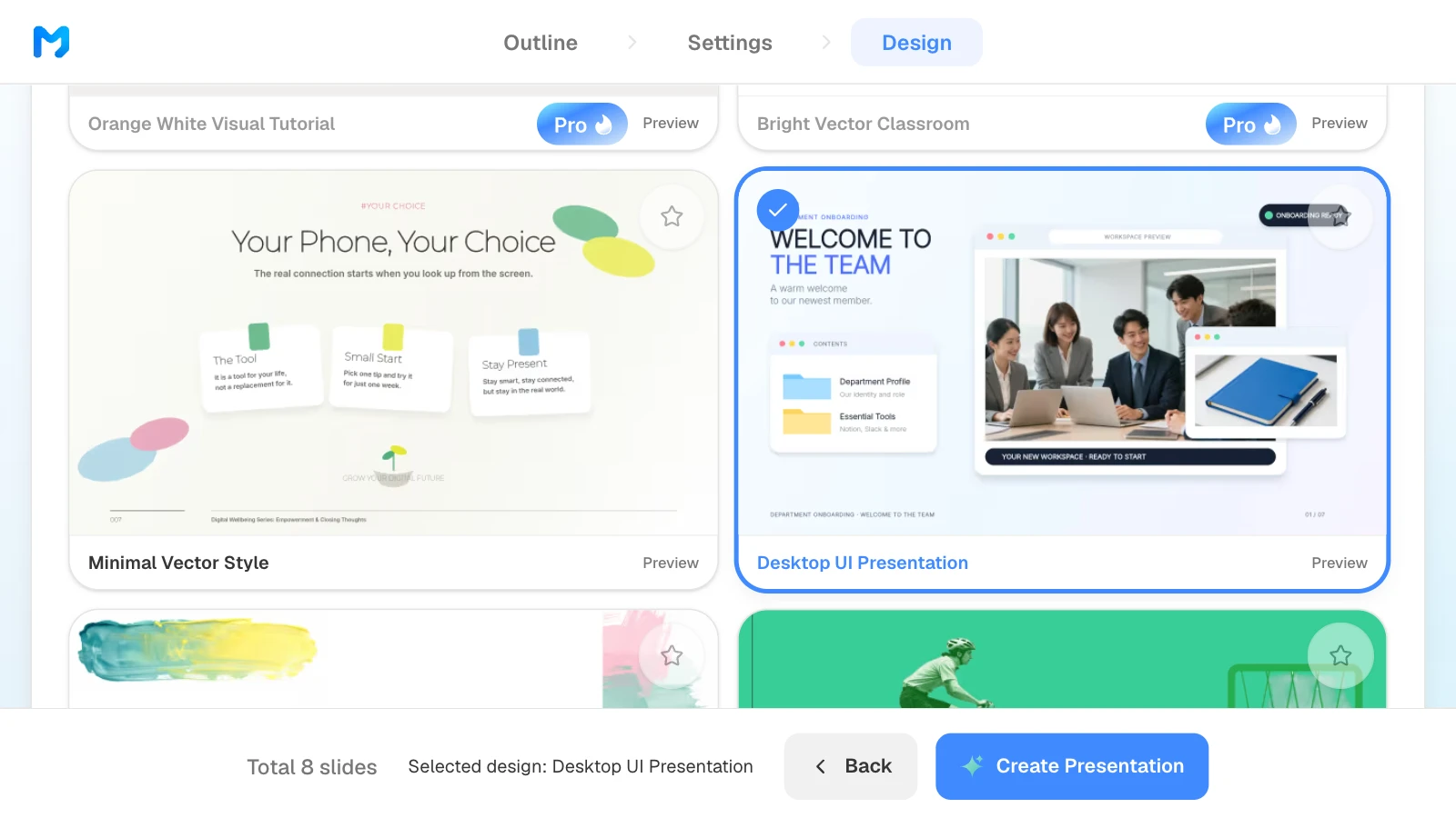 'Desktop UI Presentation', one of the 'Education / Explanation' styles, selected. The bar at the bottom names it and shows 8 slides. MOVO's design step with the Desktop UI Presentation style selected and named in the bottom bar