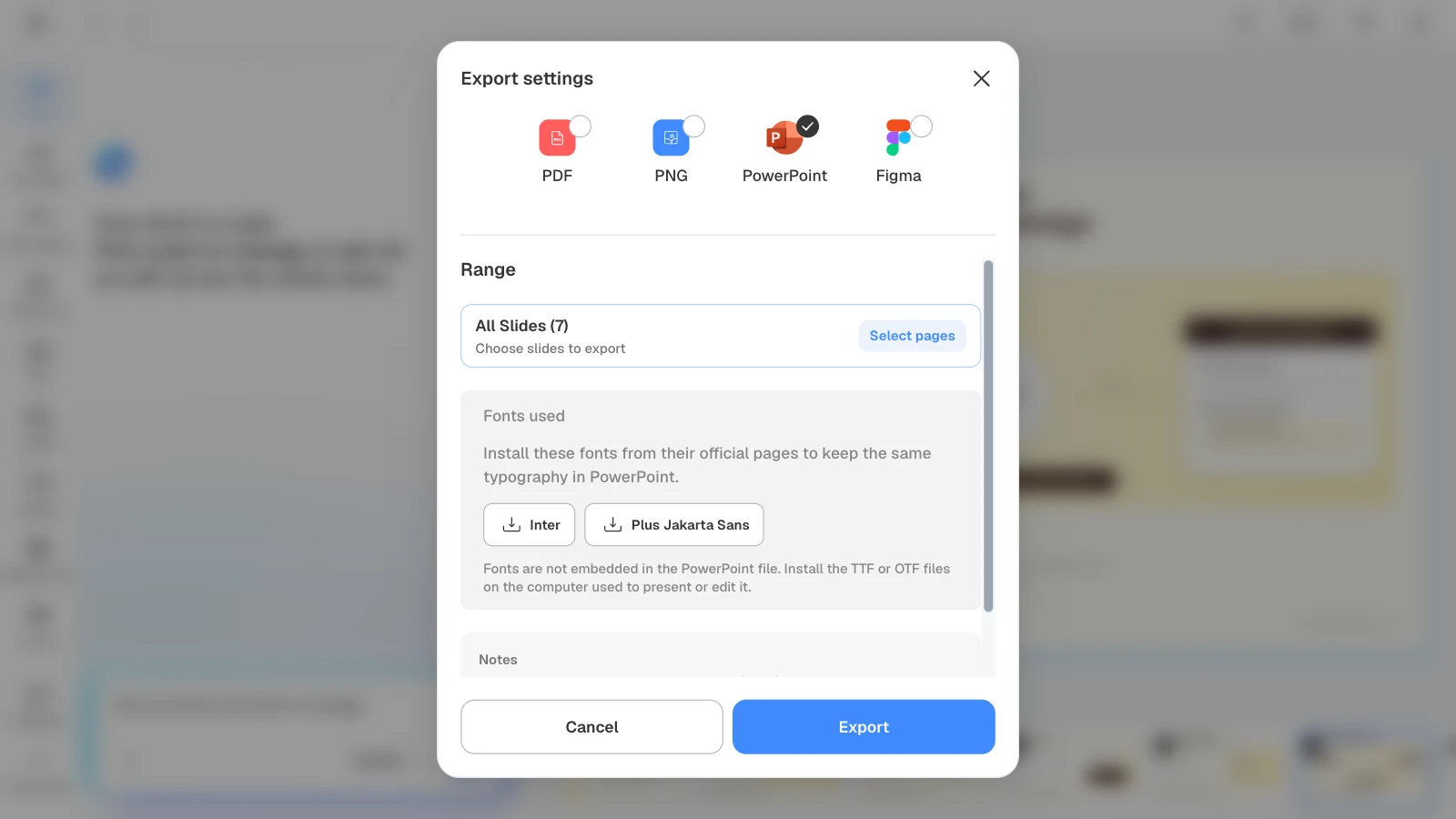 Choosing PowerPoint lists the fonts the deck uses. For the 'Digital Workspace Onboarding' template shown here, that's Inter and Plus Jakarta Sans. MOVO's export settings with PowerPoint and all slides selected