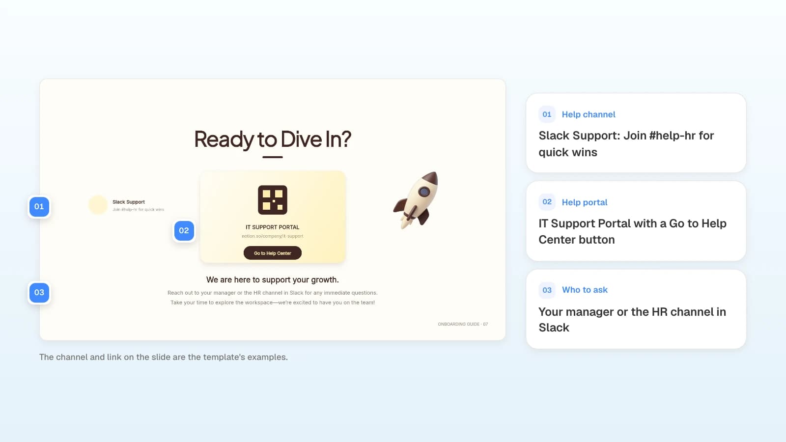 The closing slide of MOVO's 'Digital Workspace Onboarding' template. The channel and link on it are the template's examples. The Ready to Dive In slide with its help channel, IT support portal, and who-to-ask line numbered