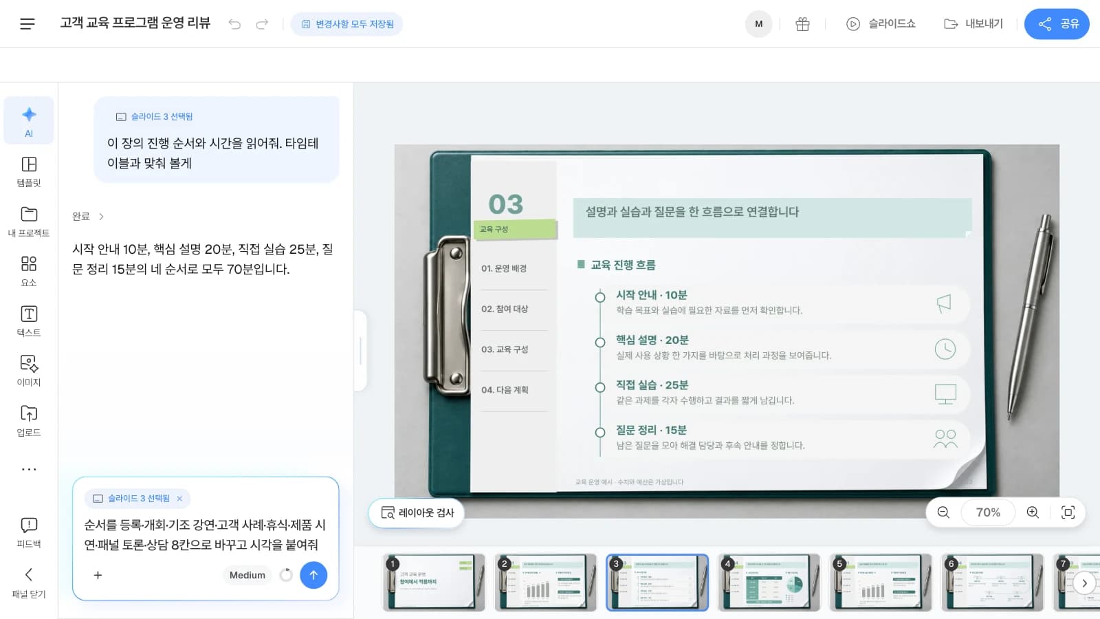 MOVO 템플릿 '고객 교육 프로그램 운영 리뷰'를 연 화면이며, 템플릿 속 문구는 가상 예시입니다. AI 창에 선택한 슬라이드가 붙어 요청이 그 장을 대상으로 갑니다. 진행 흐름 슬라이드를 고르고 AI 창에 그 장의 순서와 시간을 물은 뒤 8칸 타임테이블로 바꿔 달라는 요청을 쓰고 있고 캔버스 왼쪽 아래에 레이아웃 검사 단추가 보이는 MOVO 에디터