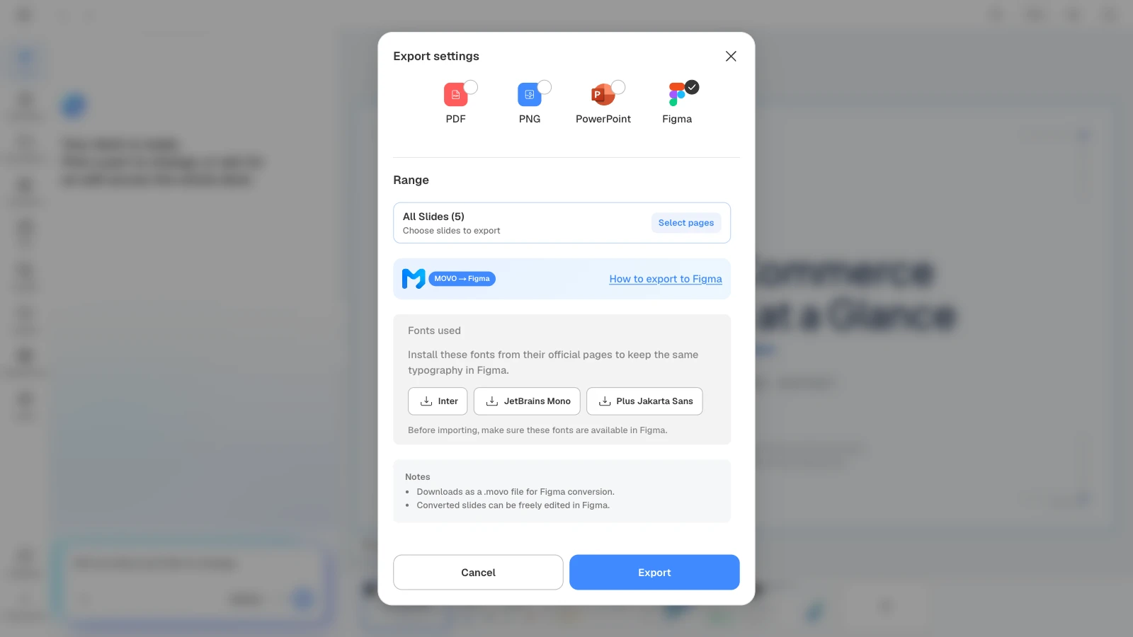 'How to export to Figma' opens the plugin instructions. MOVO's export settings with Figma selected, the How to export to Figma link, and the fonts used