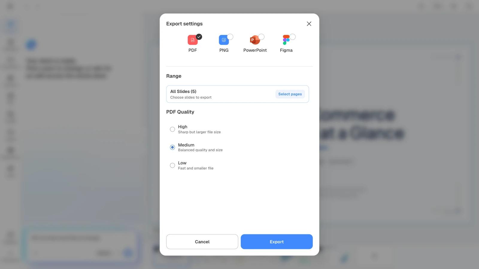 The Export button opens this dialog with PDF selected. Switch formats with the icons at the top. MOVO's export settings with PDF, all five slides, and Medium quality selected