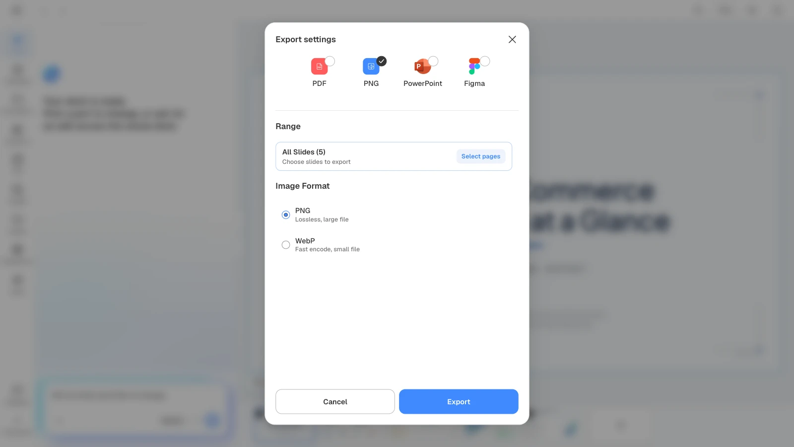 Choosing PNG lets you pick the image format: PNG (lossless, large file) or WebP (fast encode, small file). MOVO's export settings with PNG selected and the PNG and WebP image formats