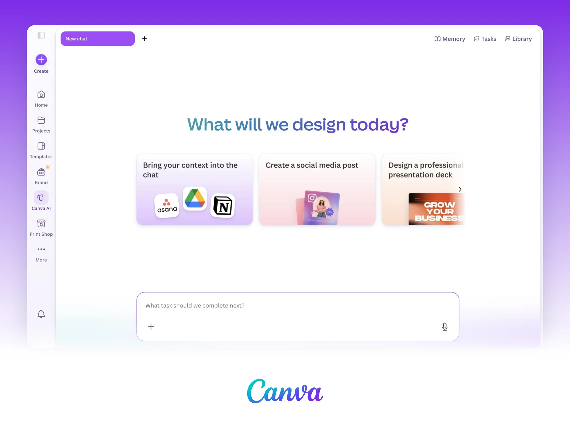 Canva AI's start screen (as of October 2026). Canva AI's start screen with a prompt box and a "Design a professional presentation deck" suggestion, above the Canva logo