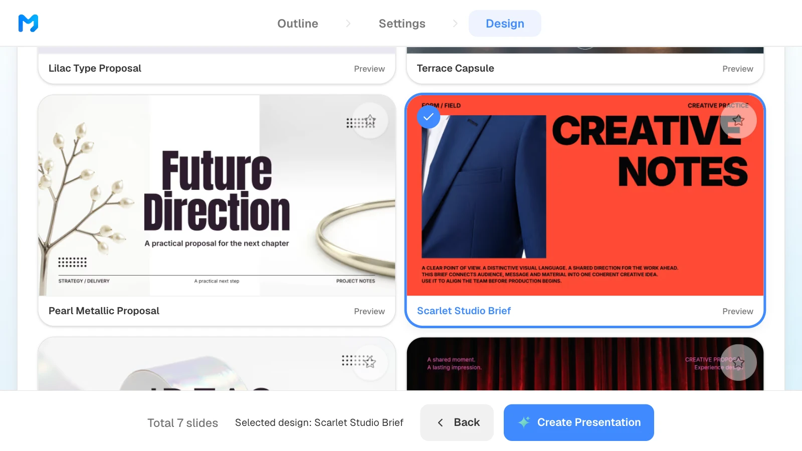 'Scarlet Studio Brief' selected; the bar at the bottom shows the chosen design. Content in the style samples is fictional. MOVO's design step with Scarlet Studio Brief selected and named in the bottom bar