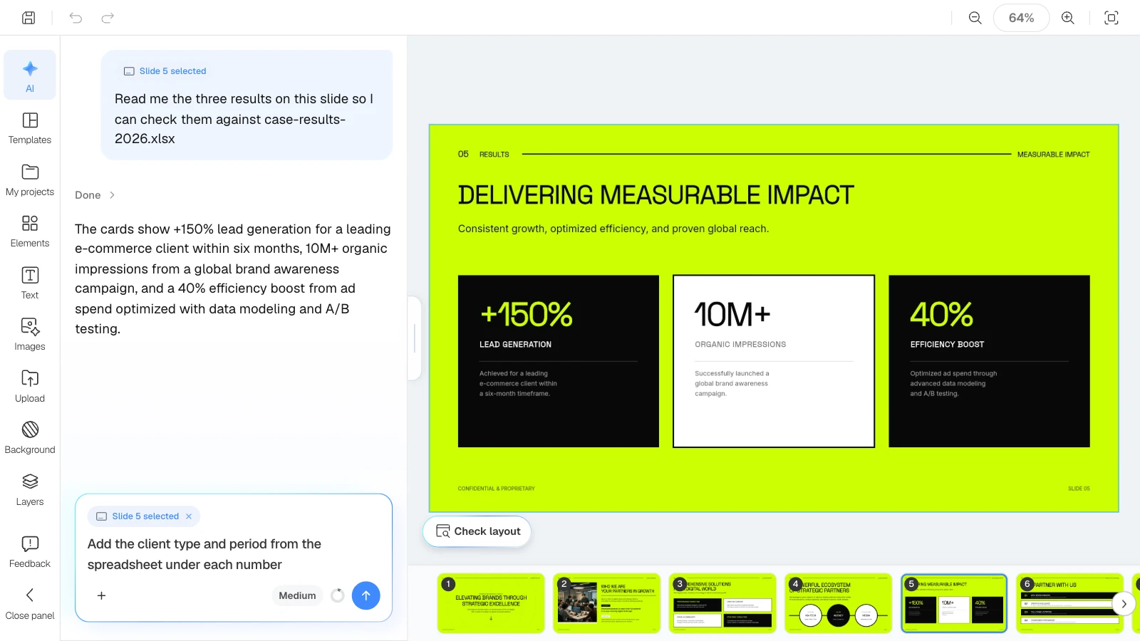 MOVO's 'Digital Marketing Agency Pitch Deck' template open in the editor; its figures are samples. 'Slide 5 selected' means the request goes with that slide. MOVO's editor with the results slide selected and the AI reading back its three figures
