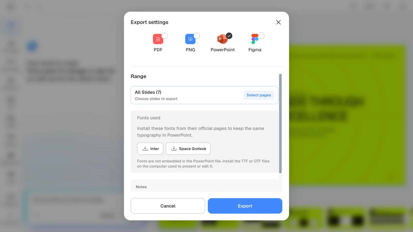 Choosing PowerPoint downloads a .pptx in which text, images and shapes stay editable. MOVO's export settings with PowerPoint and all seven slides selected