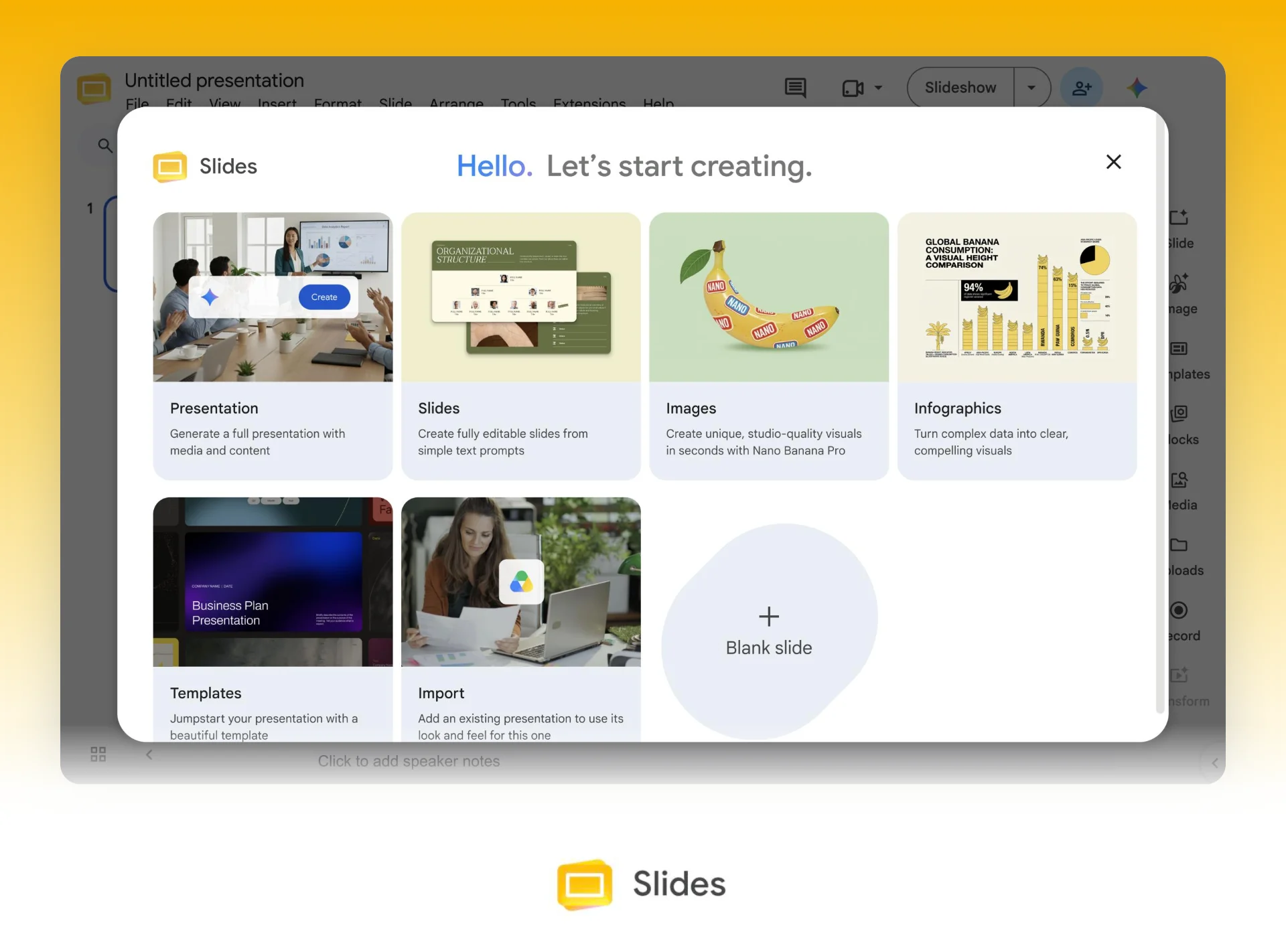 Google Slides' start window in a new file (as of October 2026). Google Slides' start window in a new file, with Presentation, Slides, Images and Infographics cards plus Templates, Import and Blank slide, above the Slides logo