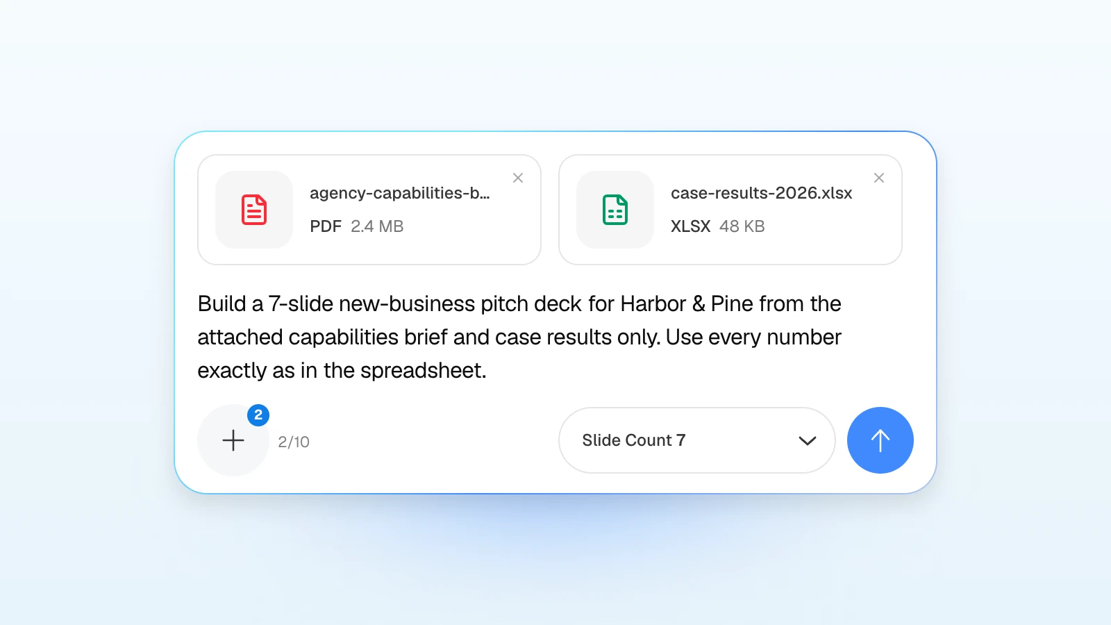 You can add rules to the request, such as using the numbers exactly as they appear in the spreadsheet. MOVO's input with a capabilities brief PDF and a case results spreadsheet attached, asking for a 7-slide pitch deck