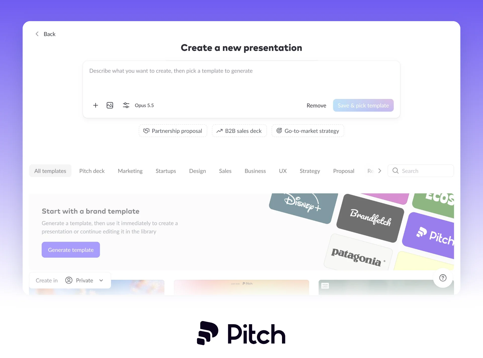 Pitch's AI start screen (as of October 2026). Pitch's Create a new presentation screen with a prompt box, suggested prompts and template categories, above the Pitch logo