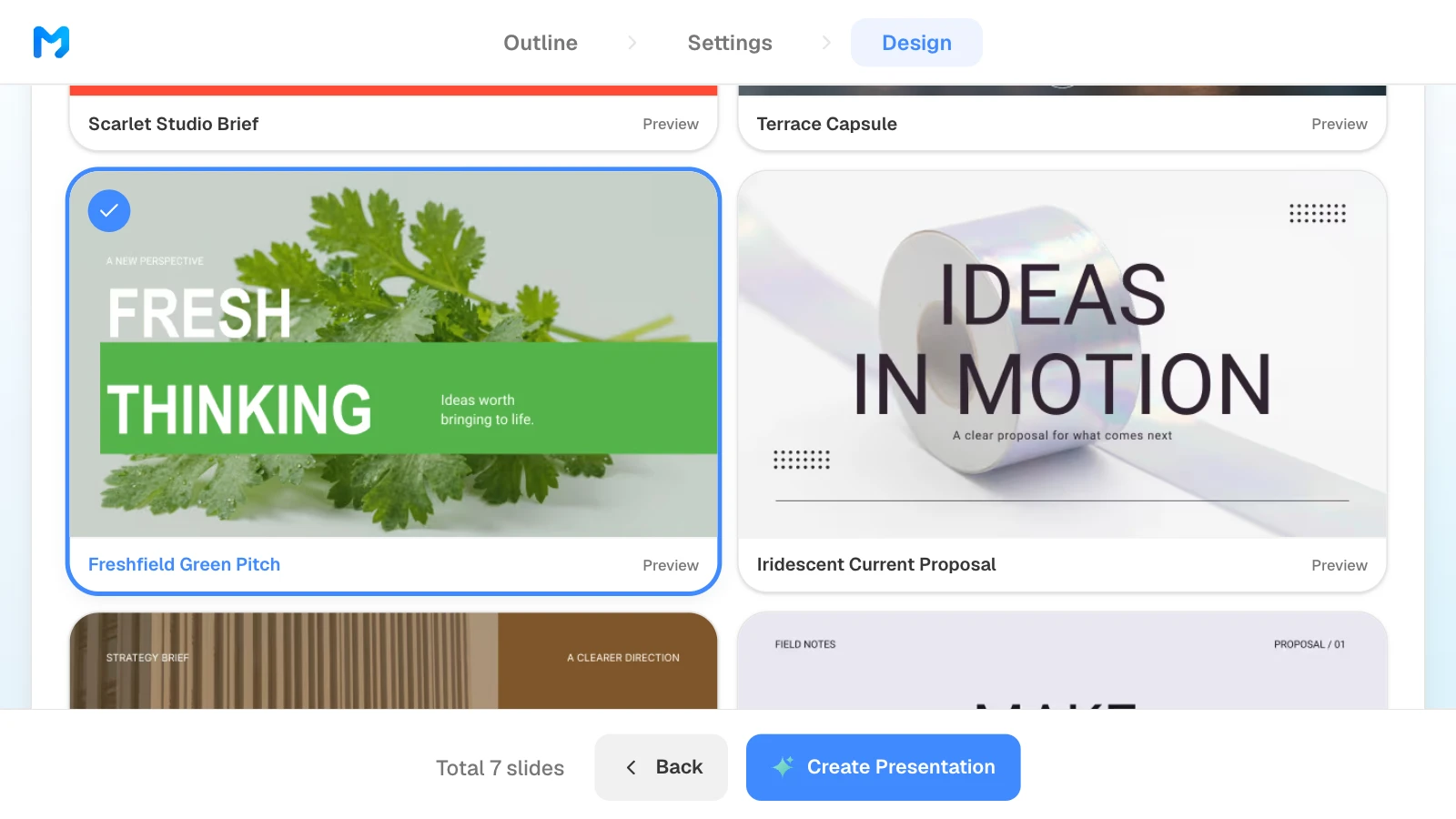 The design step narrowed to 'Proposal / Persuasion', with the 'Freshfield Green Pitch' style selected. MOVO's design step with the Proposal / Persuasion type and the Freshfield Green Pitch style selected