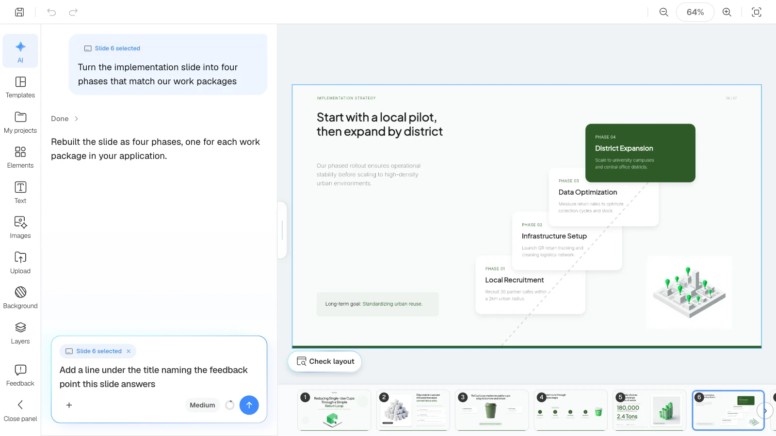 When a slide is selected, the AI request applies to that slide only. MOVO's editor with the implementation slide selected and a request in the AI panel