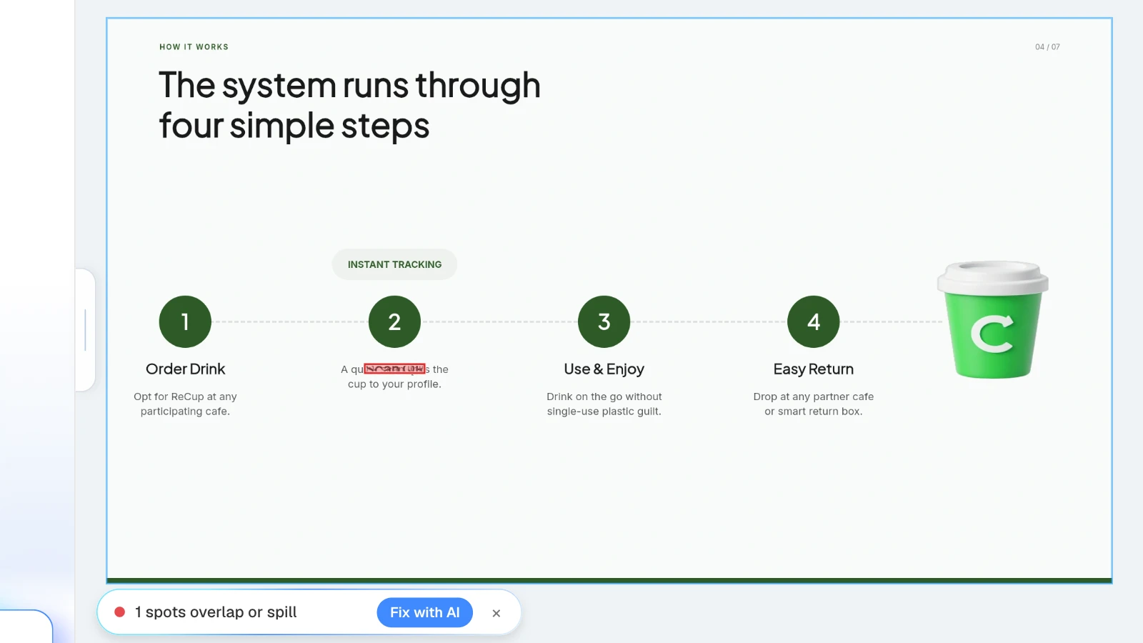 For this example, we moved a step description onto the 'Scan QR' label above it, then ran Check layout. MOVO's Check layout result finding one overlapping text box on a how-it-works slide